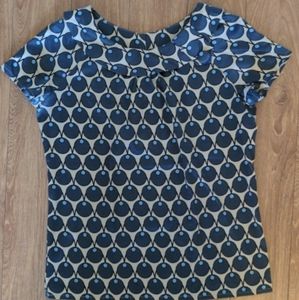 Mexx short sleeve cream coloured blouse with green/blue pattern, Size: 6